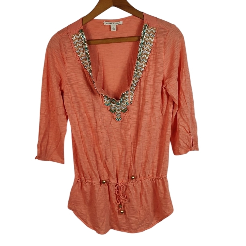 Banana Republic Beaded Coral Top V-neck Tie Waist Size XS